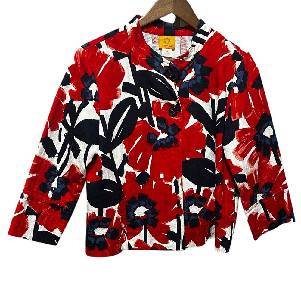 Ruby Road Women Jacket 12 Black Red Abstract Floral Retro Mod Office Blazer